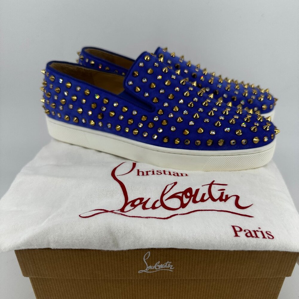 Louboutin Lavander Suede Roller Boat Crystal & Spike Slip-On Shoes - Size 39